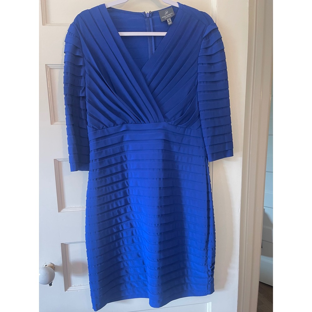 Adrianna Papell Royal Blue Dress 12 Pleated Sheath V Neck Cocktail Wedding Guest
